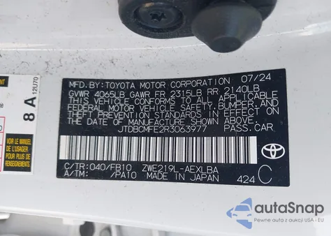 2024 Toyota Corolla Hybrid Le from USA, damaged, VIN JTDBCMFE2R3063977